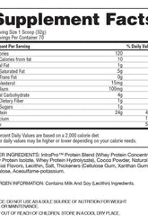 Supplement facts for Gaspari Nutrition IntraPro 100% Whey detailing calories, protein, and ingredients.